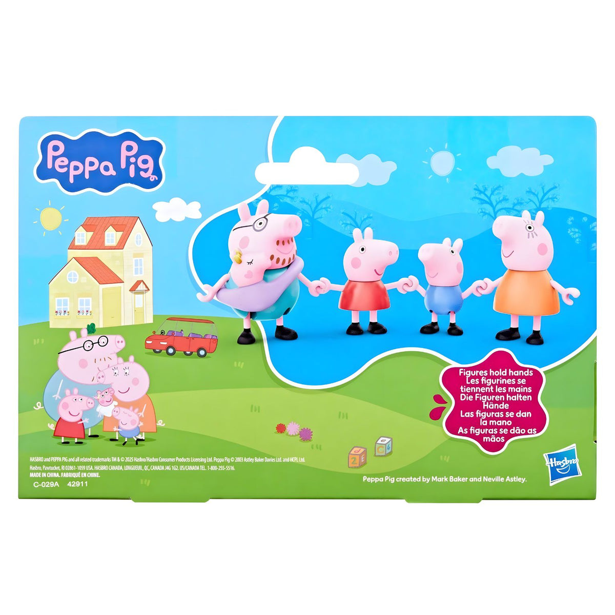 Conjunto Familia de Peppa Pig con Bebé Evie sobre fondo azul y verde