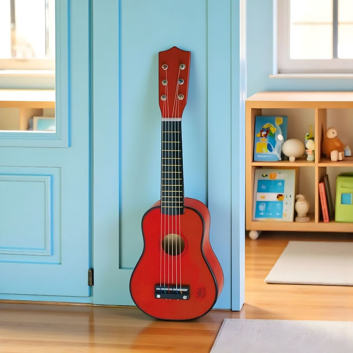 Guitarra Vermelha de Madeira ideal para expressão musical e brincadeira livre