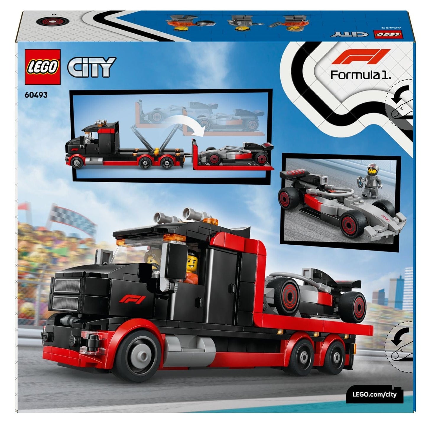 Lego City camião de exposição de F1 com carro de corrida Audi e minifiguras de equipa