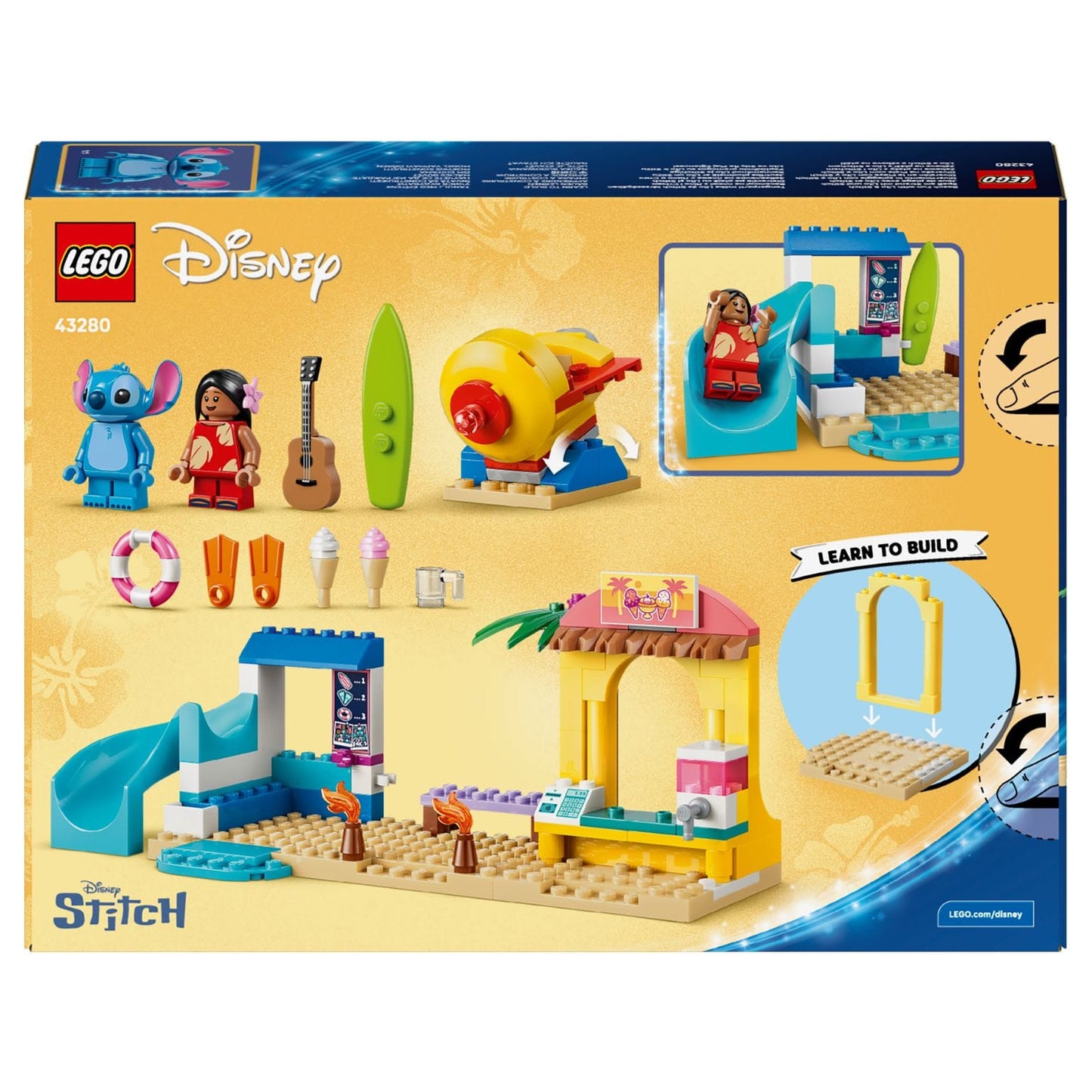 Construção LEGO Disney Lilo e Stitch com ambiente de férias