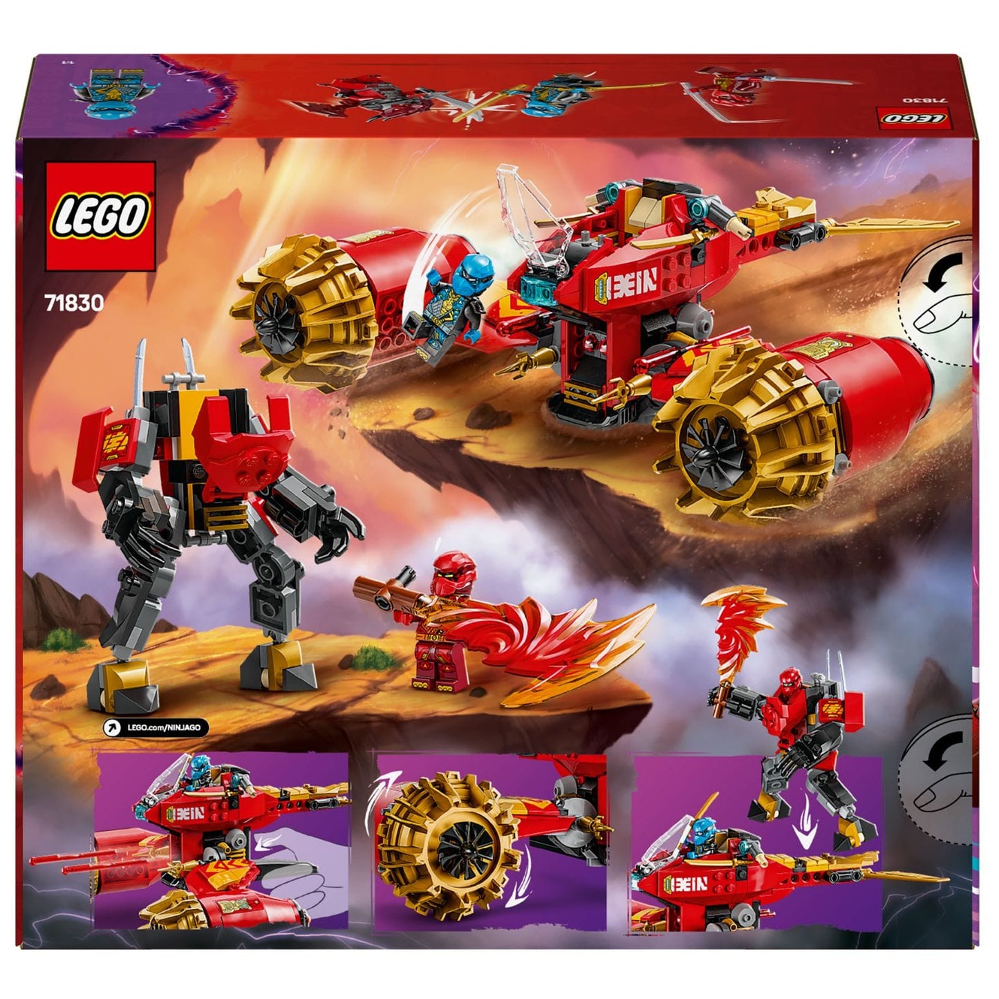 Lego Ninjago Robô Motard da Tempestade do Kai veículo vermelho com robô ninja e efeitos de chama
