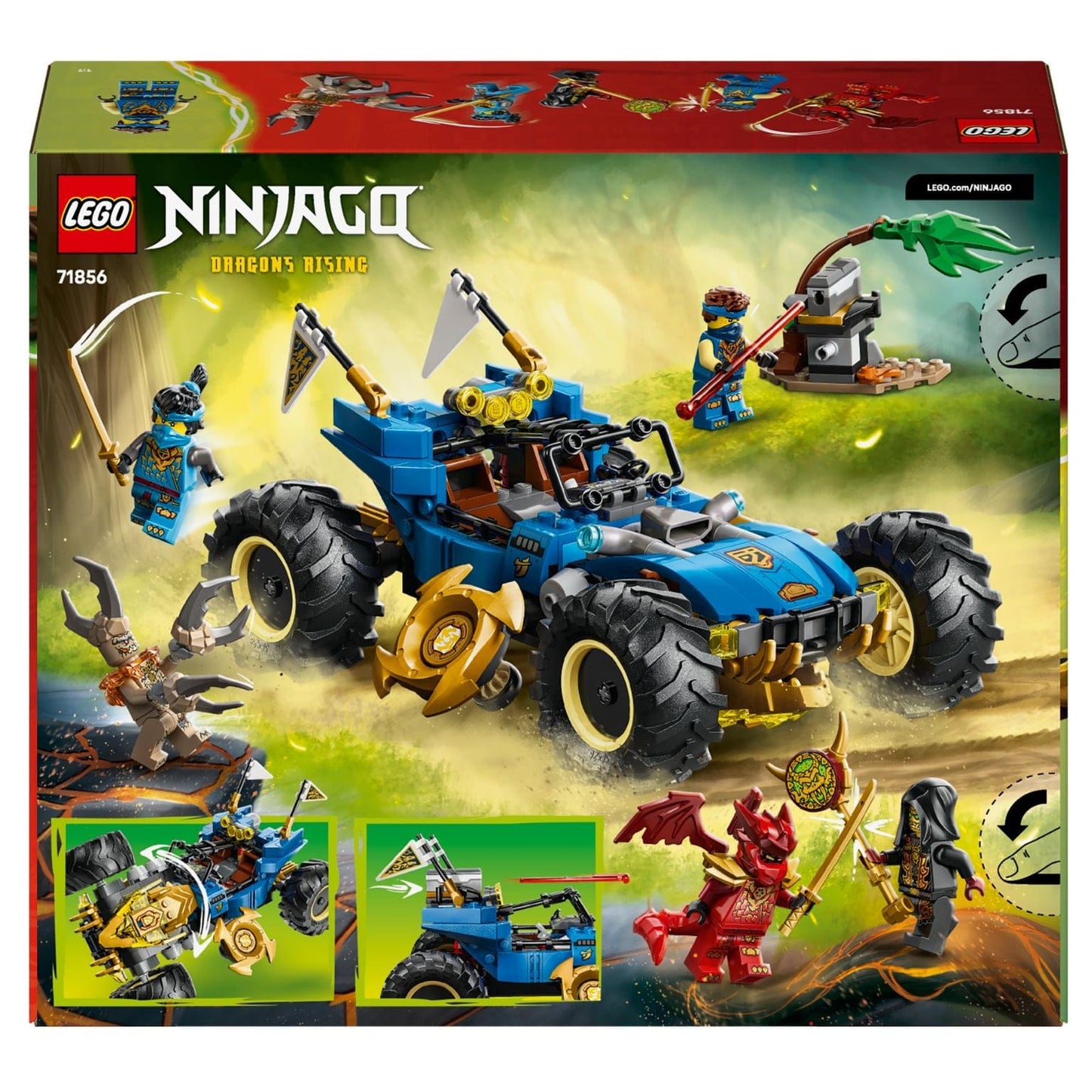 Lego Ninjago Carro Transformável do Jay com figuras ninja e veículo azul e dourado