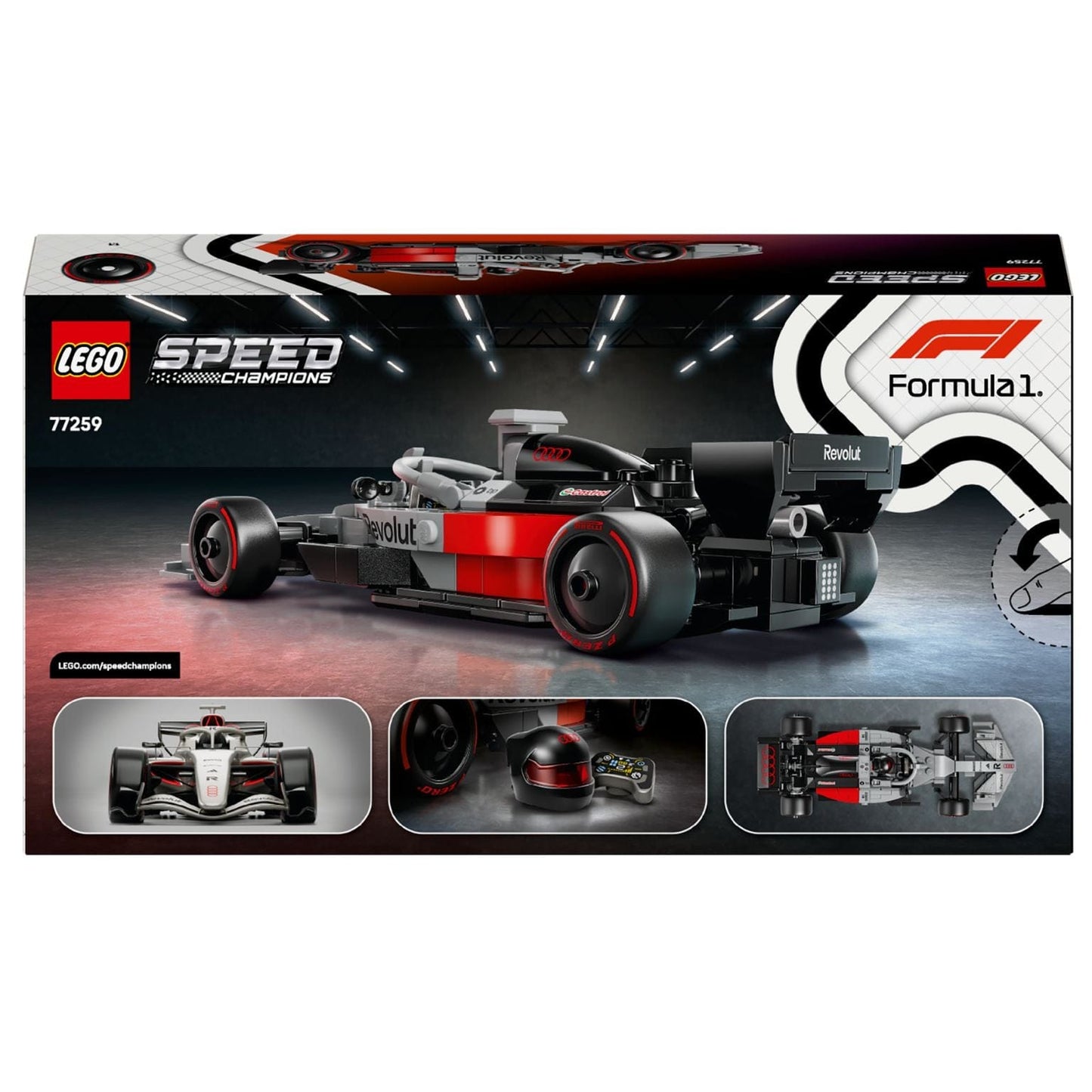 LEGO Speed Champions carro de corrida Audi Revolut F1 Team R26 cinzento preto e vermelho com piloto e capacete