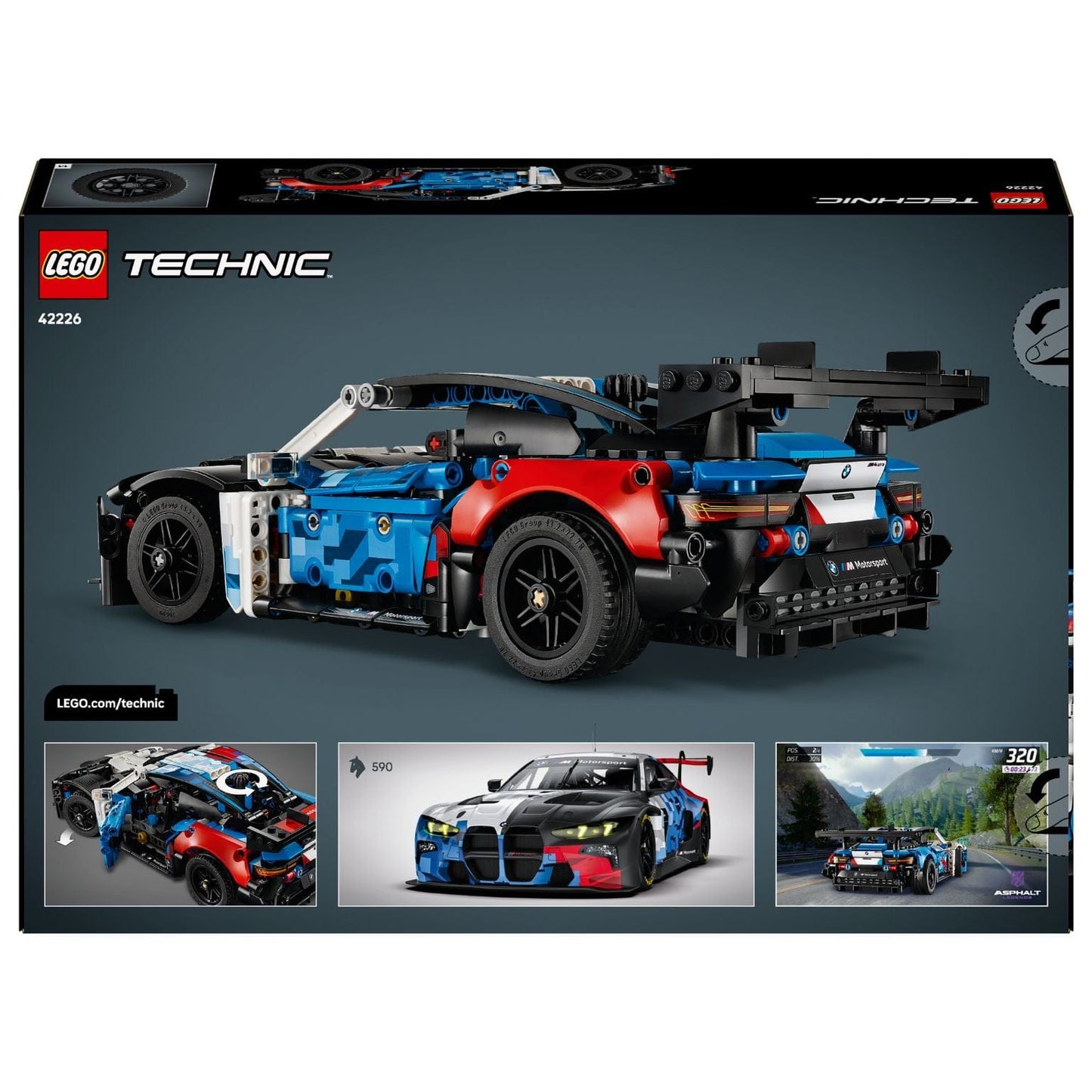 Lego Technic Carro de Corrida BMW M4 GT3 EVO modelo de corrida azul branco e vermelho em ambiente de brincadeira