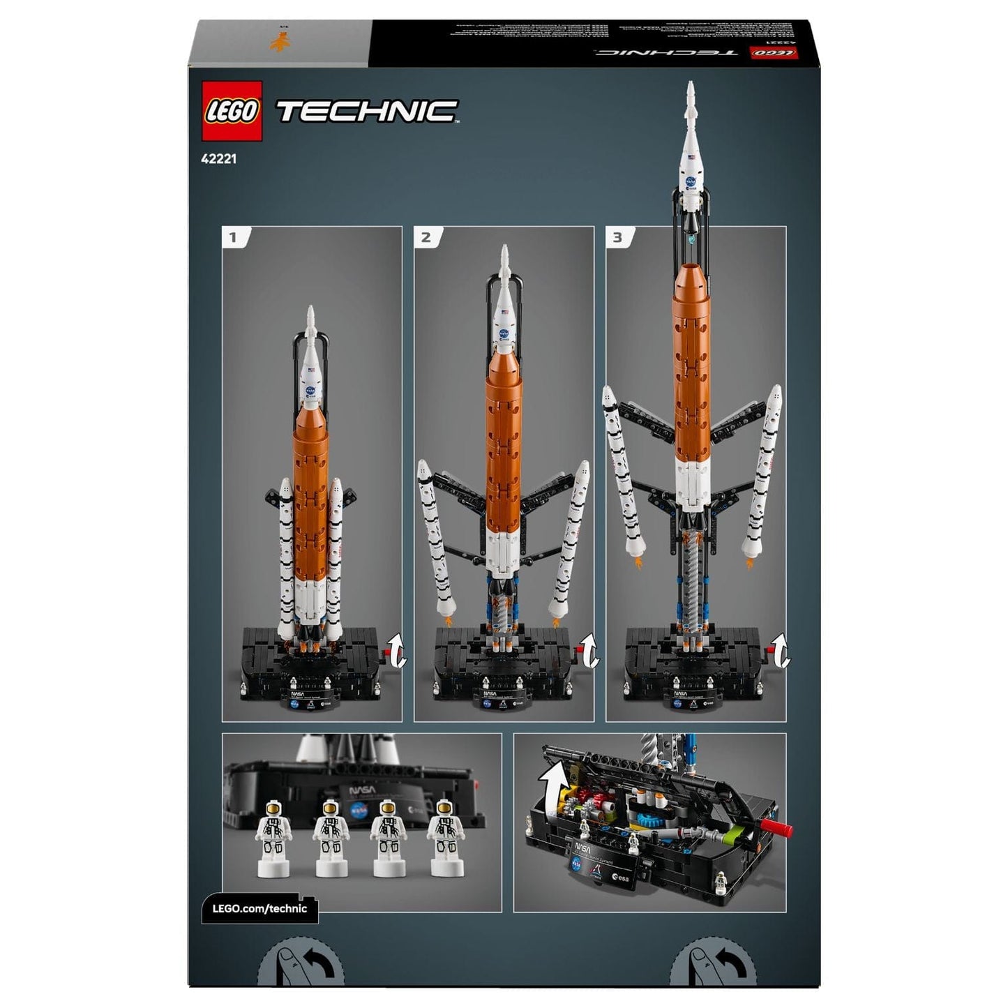 Lego Technic Foguetão do Sistema de Lançamento Espacial NASA Artemis montado em base de lançamento com tema espacial