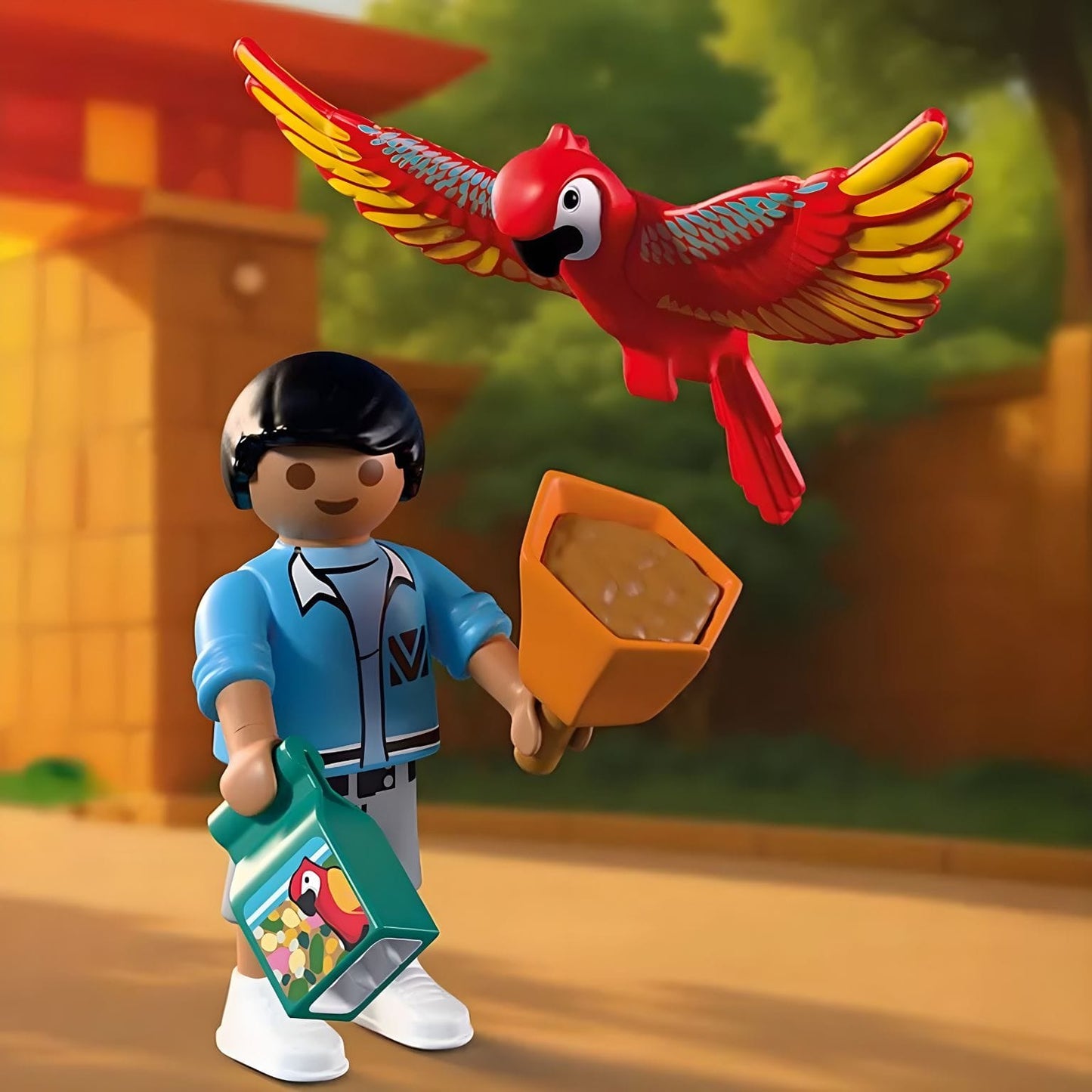 Playmobil 72074 Zoo Mascote com traje colorido de papagaio no jardim zoológico