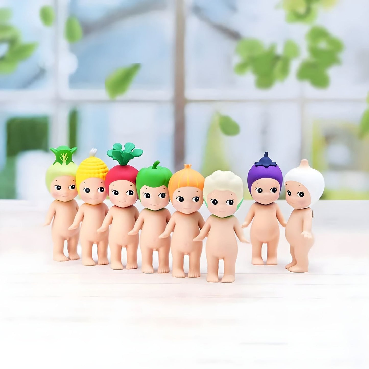 Mini figuras Sonny Angel série Vegetais com chapéus de legumes coloridos e expressão delicada