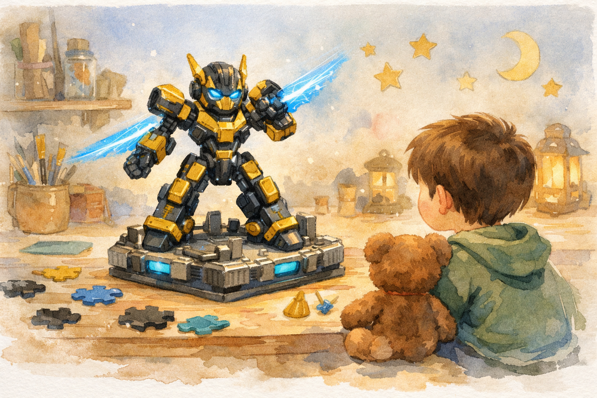 Ilustración en acuarela de un robot dorado y negro con un brillo azul, en un taller acogedor sobre una pequeña base de escenario, observado por un niño de estilo cartoon.