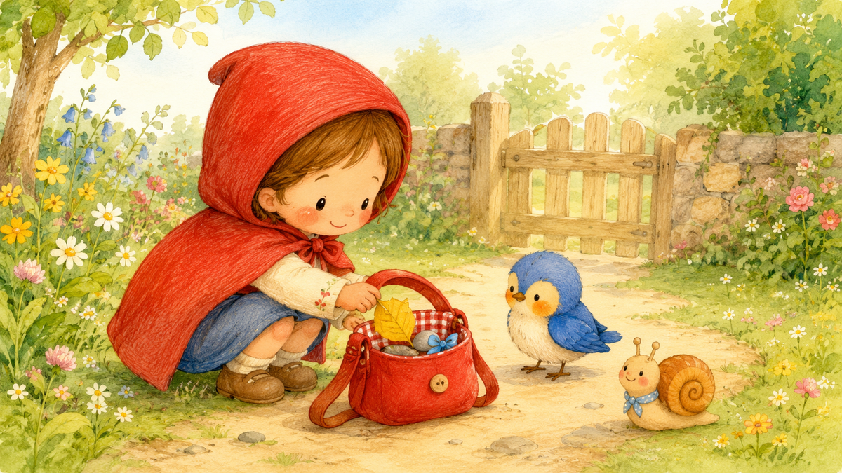Ilustración infantil de un niño con una bolsa roja guardando pequeños tesoros en un sendero de jardín.