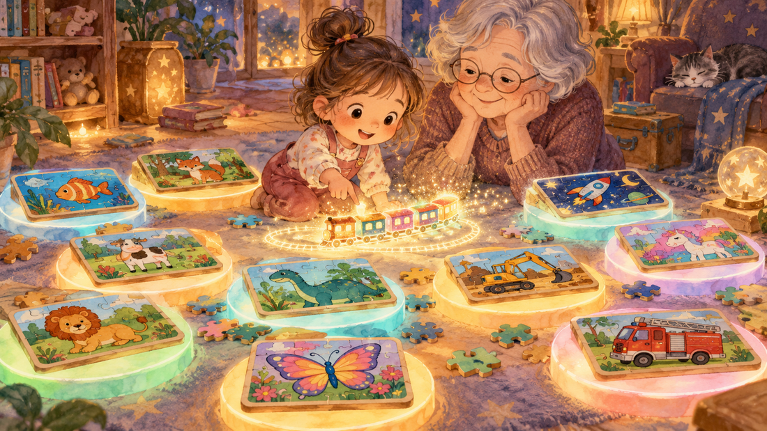 Clara e a avó junto de puzzles iluminados, enquanto um pequeno comboio de luz percorre uma estação imaginária.
