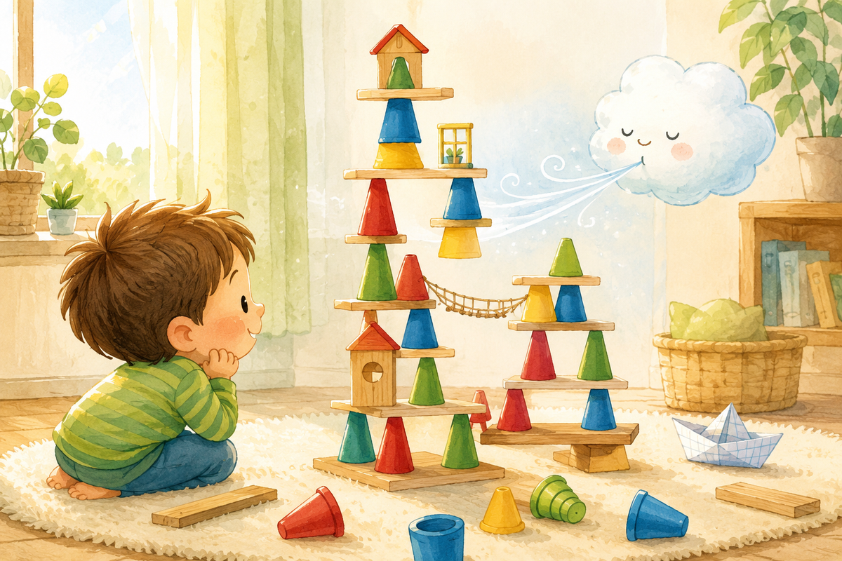 Un niño de estilo cartoon observa una torre colorida de piezas de equilibrio en una habitación luminosa.