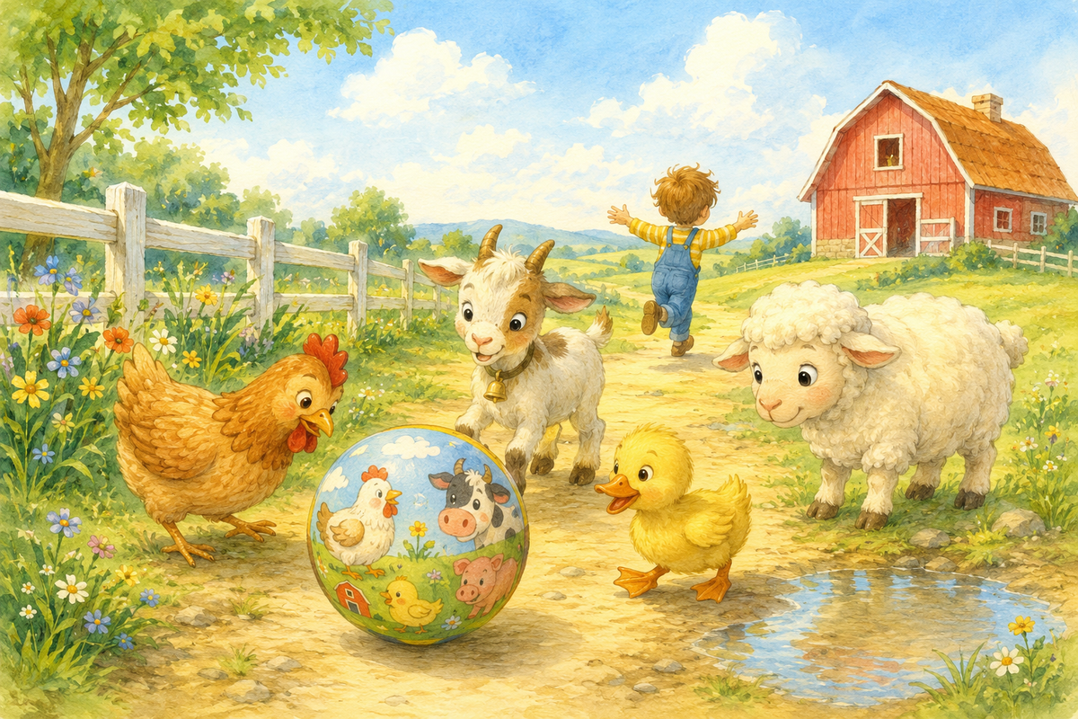 Ilustración de una pelota con animales de granja rodando por un camino en una mañana alegre.