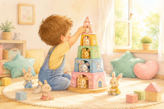 Criança a empilhar uma pirâmide colorida com uma família de coelhos num quarto luminoso de manhã.