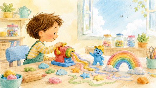 Ilustração infantil de uma mesa criativa com massa colorida a formar nuvens, estrelas e uma ponte arco-íris.