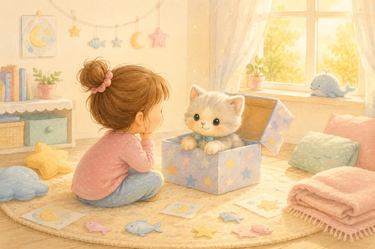 Criança encontra um gatinho de peluche numa caixa luminosa num quarto acolhedor.