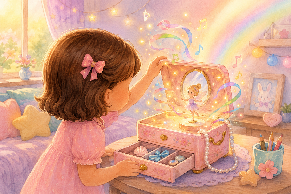 Ilustración de un niño abriendo un joyero musical mientras salen luces de colores de la caja.