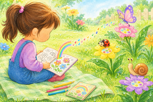 Criança a colorir um jardim mágico de arco-íris com flores e pequenos insetos curiosos.