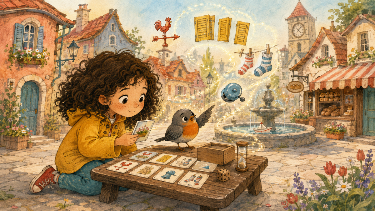 Leonor observa cartas ilustradas en un pueblo donde pequeños detalles regresan por senderos de luz.