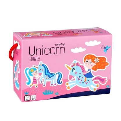 3 Puzles Mágicos de Unicornio Barbo Toys con niña, unicornios, arcoíris y flores de colores