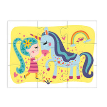 3 Puzzles Mágicos de Unicórnio Barbo Toys com menina, unicórnios, arco-íris e flores coloridas