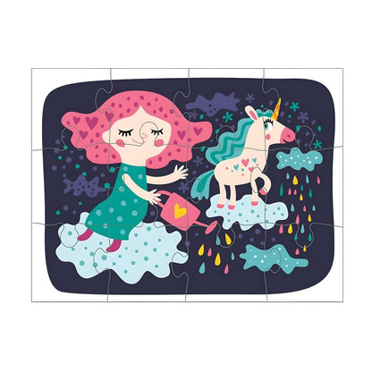 3 Puzles Mágicos de Unicornio Barbo Toys con niña, unicornios, arcoíris y flores de colores