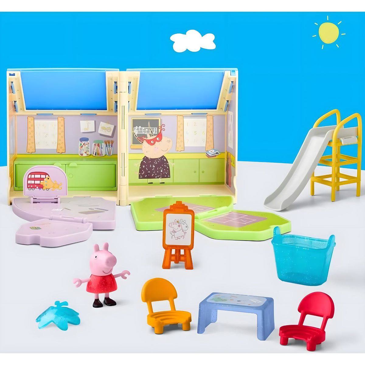 Escuela de Peppa Pig con figura articulada y accesorios escolares