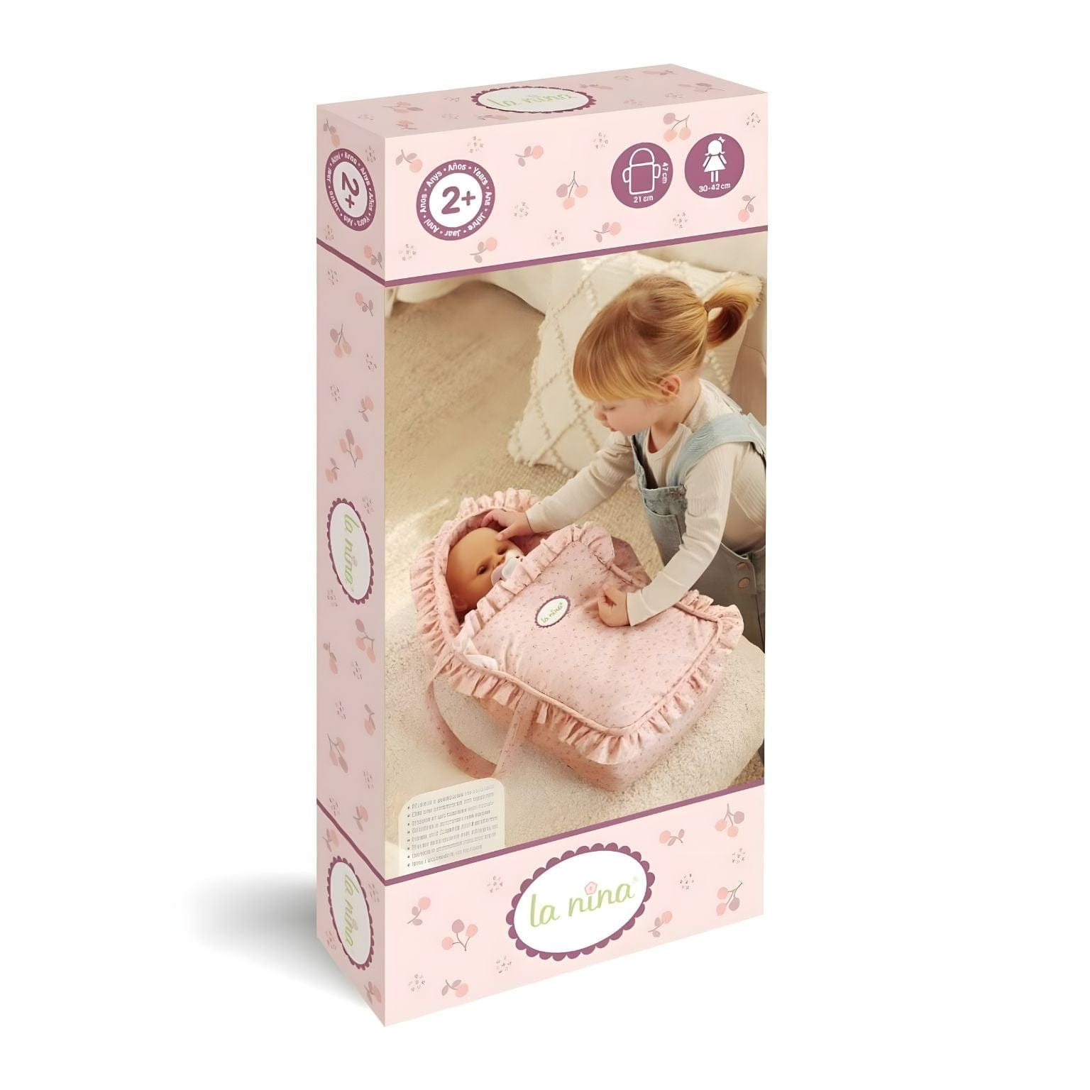 Alcofa Olívia para Bonecas rosa com folhos e padrão delicado, para transportar e aconchegar a boneca