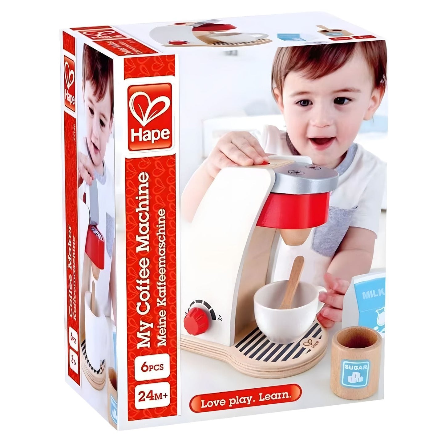 A minha Máquina de café da Hape com chávena, leite e açúcar para brincar ao faz de conta