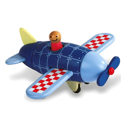 Avión Magnético de madera de Janod azul con alas a cuadros rojos y blancos, hélice azul y piloto sonriente