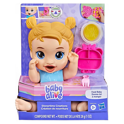 Embalagem Baby Alive Jantar Criativo com boneca loira, massa de moldar, bandeja, babete e talher