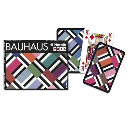 Baraja de Cartas Doble Bauhaus de Piatnik con patrón geométrico colorido en caja negra
