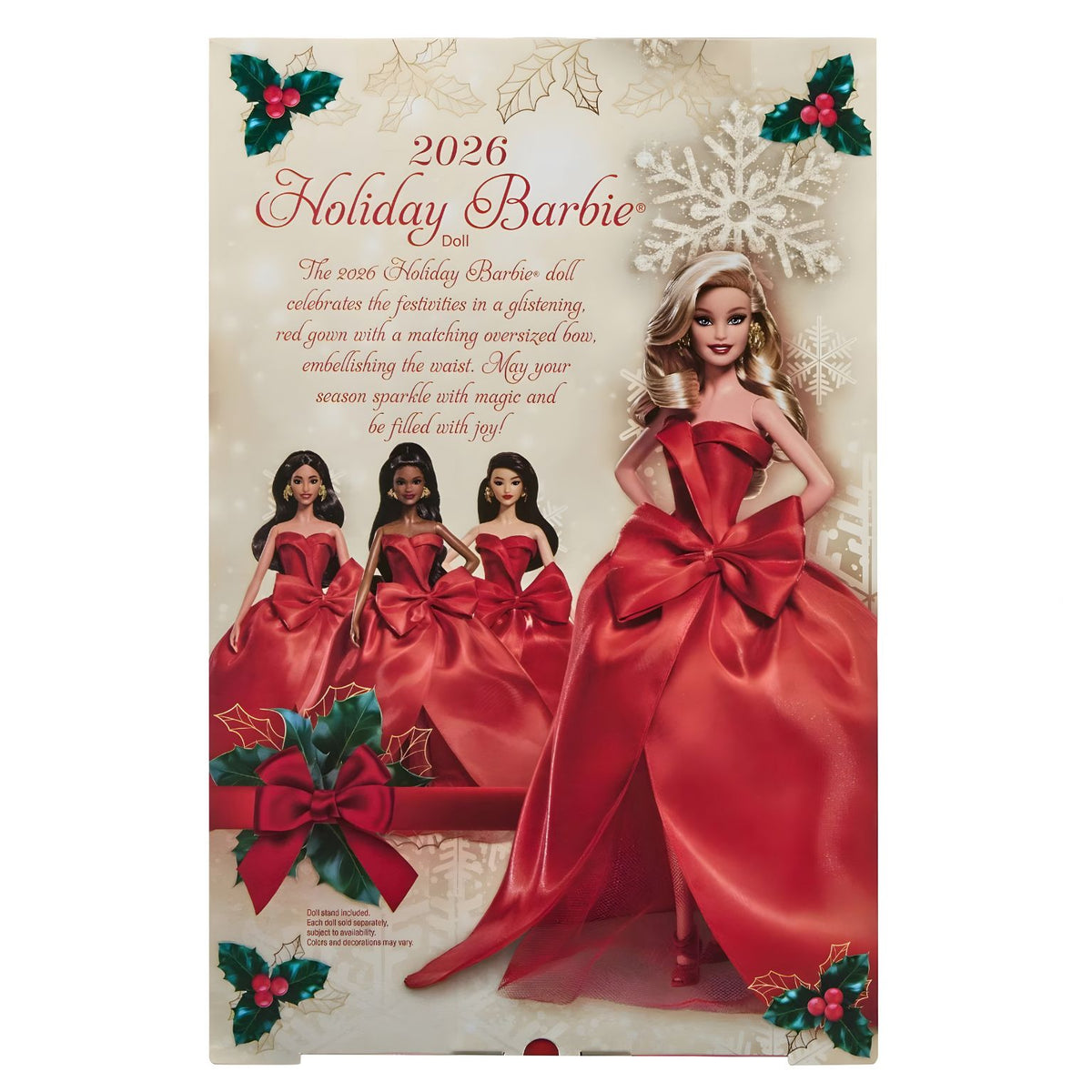 Barbie Holiday 2026 loira apresentada como boneca de coleção festiva
