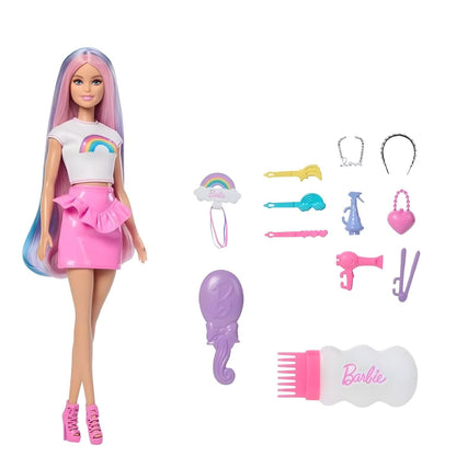 Barbie arcoíris con accesorios para el cabello y piezas para crear peinados