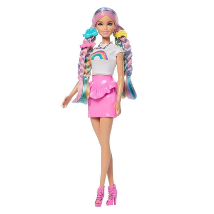 Barbie arcoíris con accesorios para el cabello y piezas para crear peinados