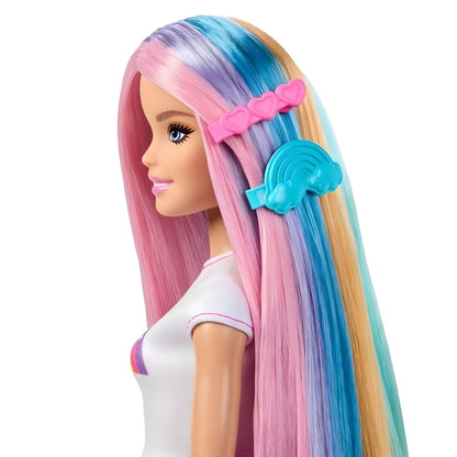 Barbie arcoíris con accesorios para el cabello y piezas para crear peinados