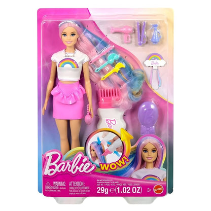 Barbie arcoíris con accesorios para el cabello y piezas para crear peinados