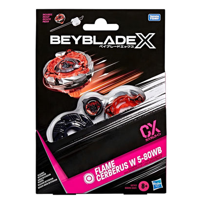 Embalagem frontal do Beyblade X Flame Cerberus W 5-80WB, Starter Pack Hasbro da linha CX.