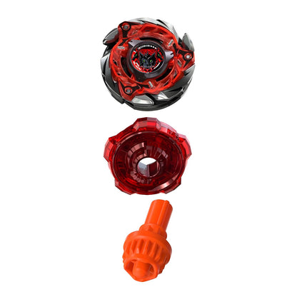 Componentes do Beyblade X Flame Cerberus W 5-80WB apresentados separadamente, incluindo a ponta laranja.
