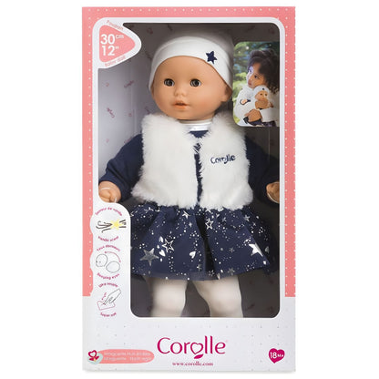 Muñeca Corolle Marguerite Starlit Night con vestido azul estrellado, chaleco blanco y gorro blanco