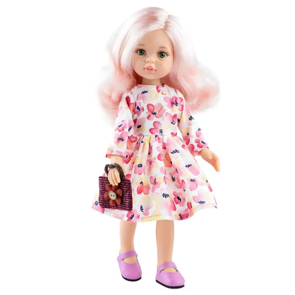 Muñeca Rosa con vestido floral de Paola Reina con cabello rosa y pequeña maleta