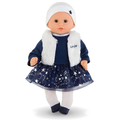 Muñeca Corolle Marguerite Starlit Night con vestido azul estrellado, chaleco blanco y gorro blanco