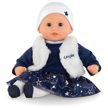Muñeca Corolle Marguerite Starlit Night con vestido azul estrellado, chaleco blanco y gorro blanco
