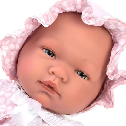 Muñeca María con pica rosa con gorro y capa rosa de lunares