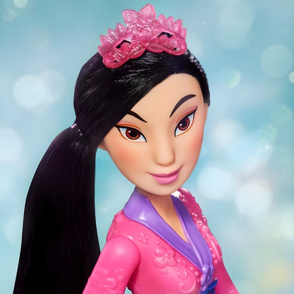 Muñeca Princesa Disney - Mulan con vestido rosa brillante y pelo negro largo