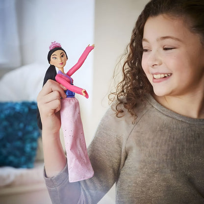 Muñeca Princesa Disney - Mulan con vestido rosa brillante y pelo negro largo