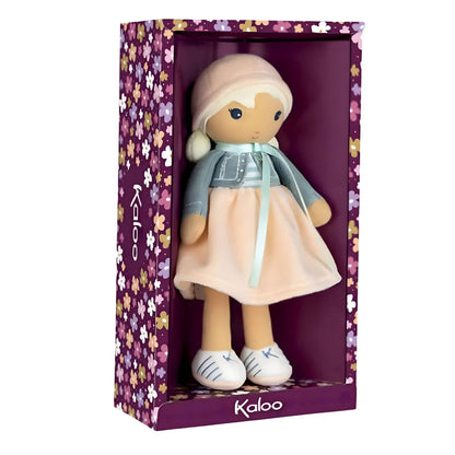 Muñeca de Trapo Chloe Kaloo con vestido suave, chaqueta azul y gorro rosa en estilo delicado para bebé