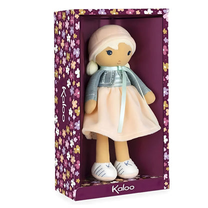 Muñeca de Trapo Chloe Kaloo con vestido suave, chaqueta azul y gorro rosa en estilo delicado para bebé