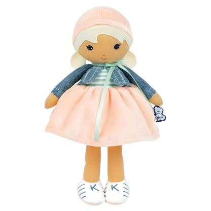 Muñeca de Trapo Chloe Kaloo con vestido suave, chaqueta azul y gorro rosa en estilo delicado para bebé