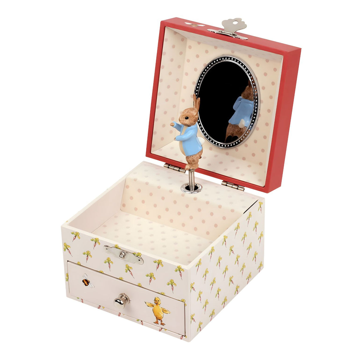 Caixa de música Peter Rabbit Cenoura aberta, com figura do coelho, espelho oval e gaveta frontal fechada