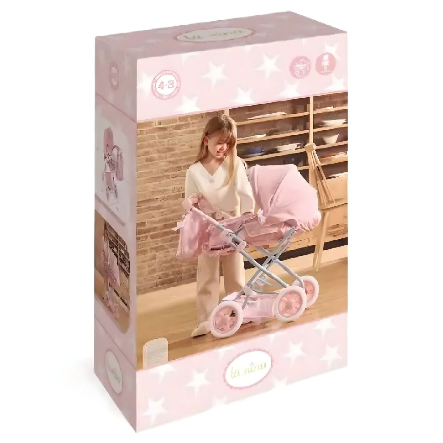 Carrinho de Passeio Grande para Bonecas La Nina rosa com estrelas e mala para passeios imaginários